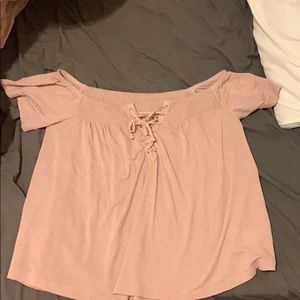 blush pink short sleeve off the shoulder top